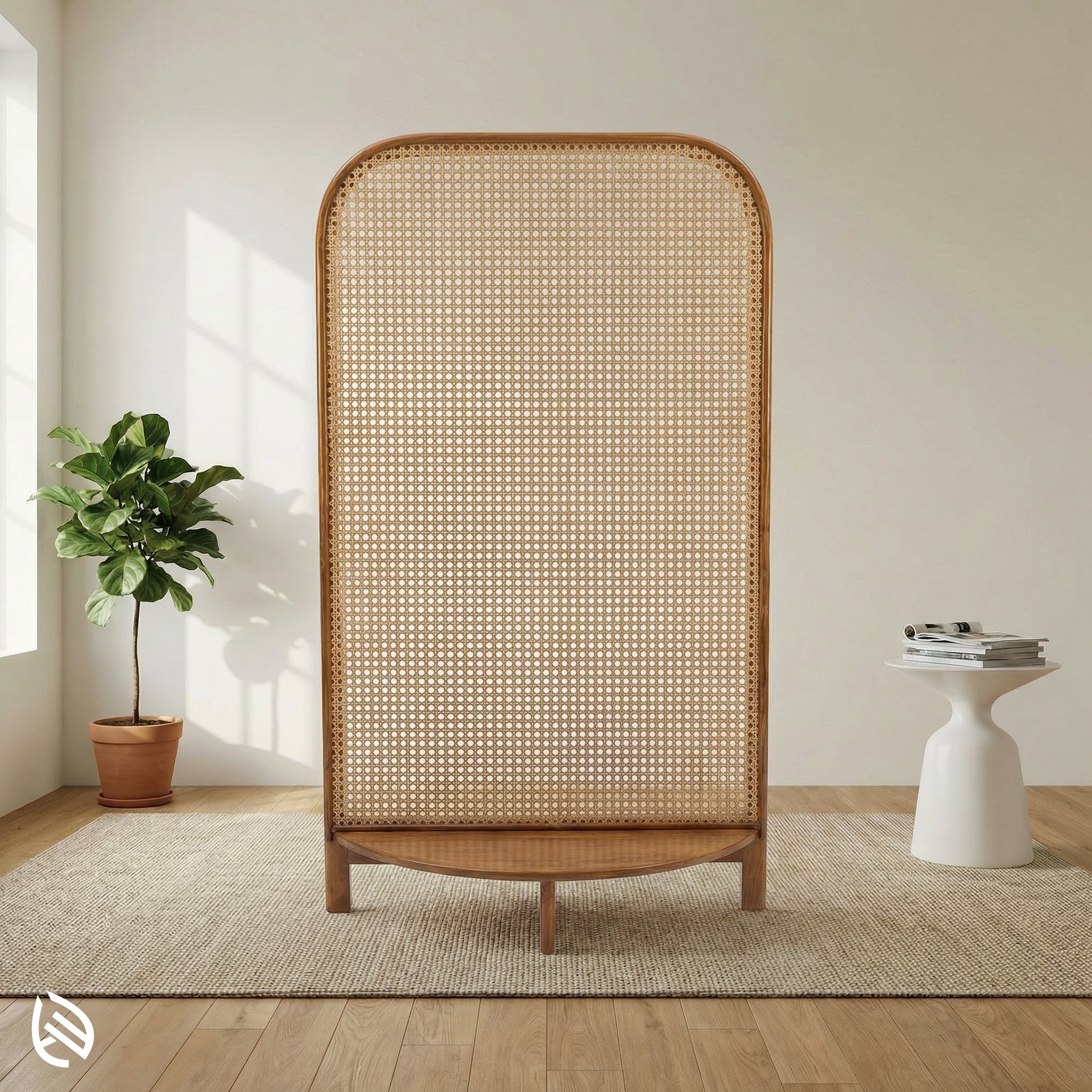 Woven wooden screen in a room with a plant and small table.