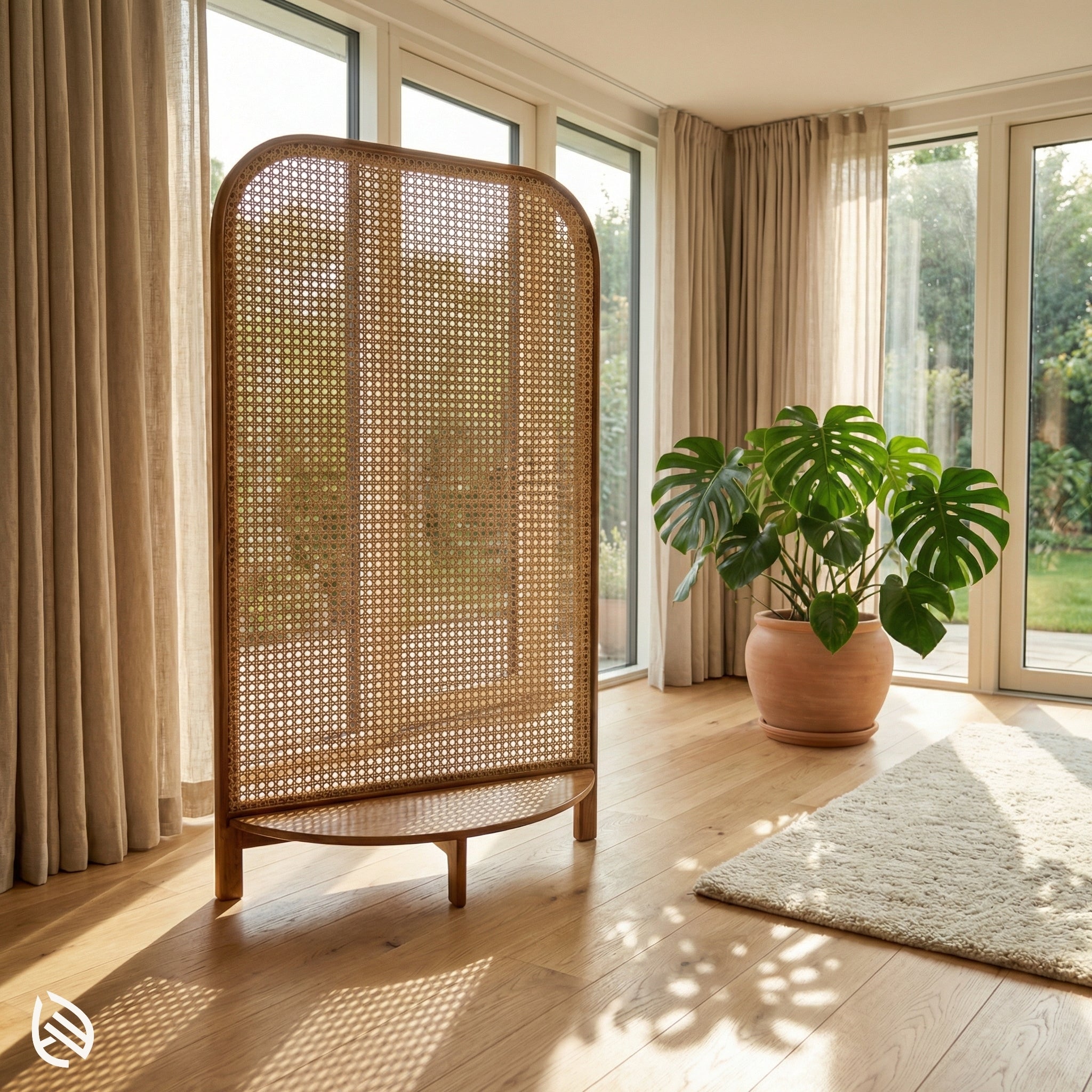 Woven room divider in a bright room with large windows and a potted plant.