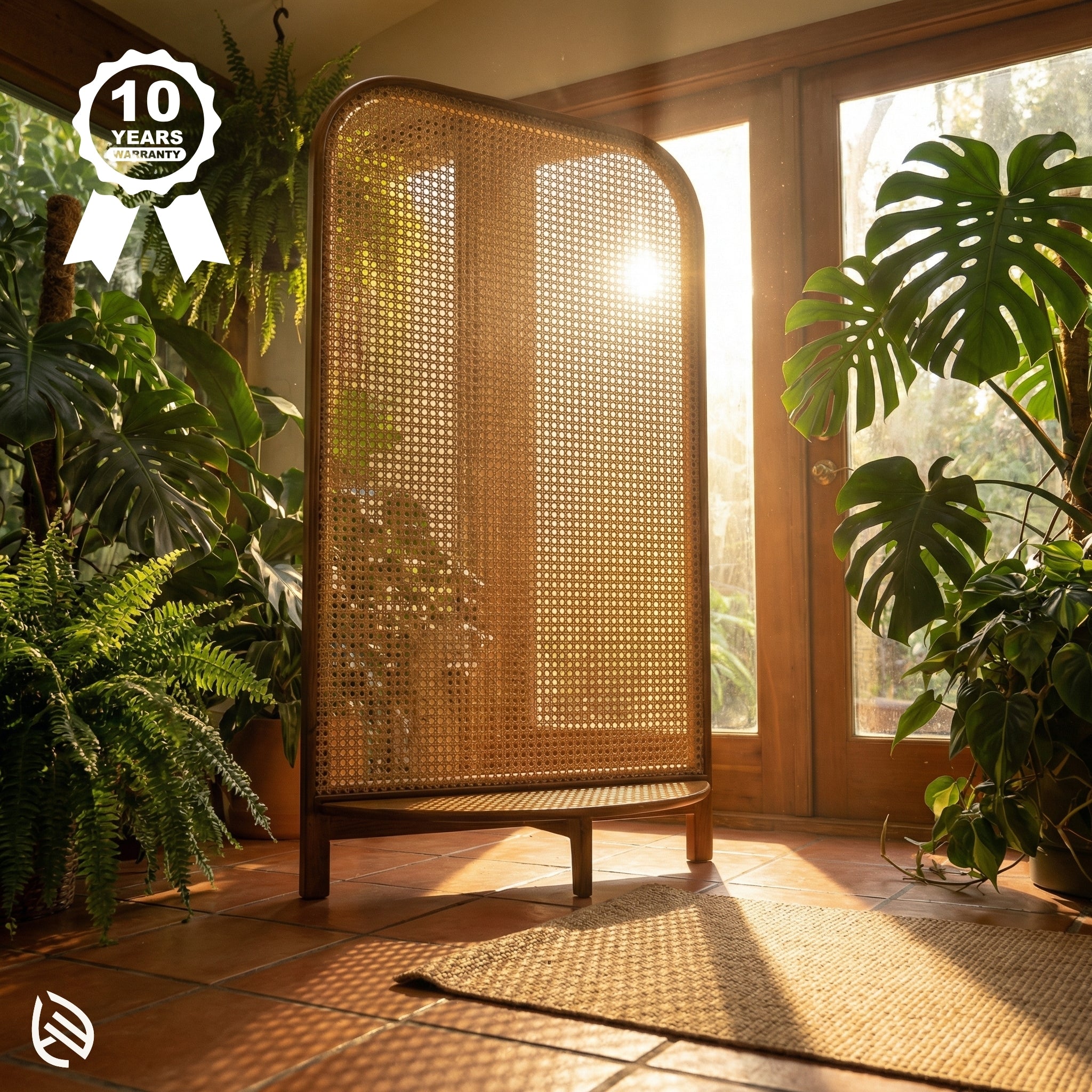 Woven screen in a sunlit room with plants