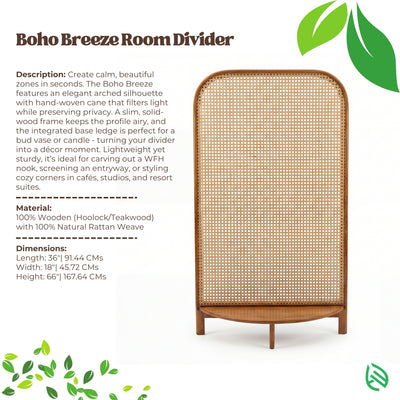 Boho Breeze room divider with product description and specifications on a white background