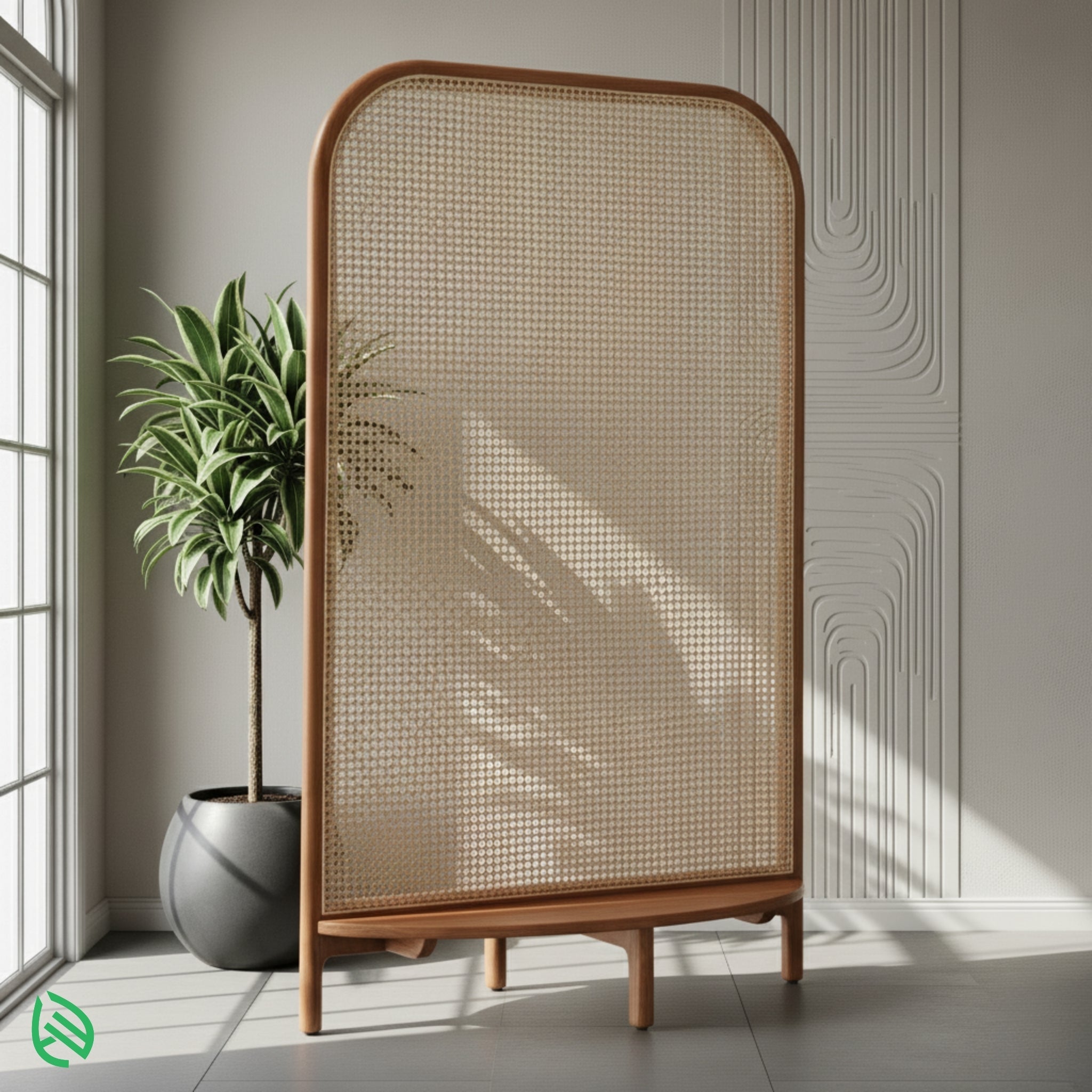 Boho Breeze arched rattan partition with cane weave, freestanding screen