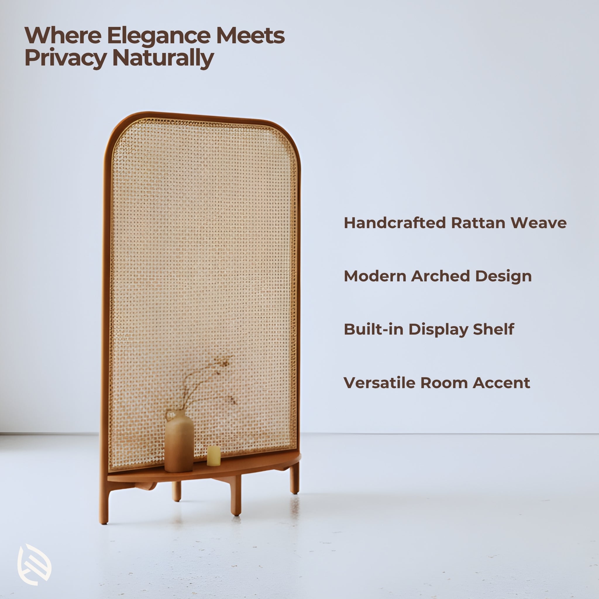 Feature callouts: handcrafted rattan, modern arched design, display shelf