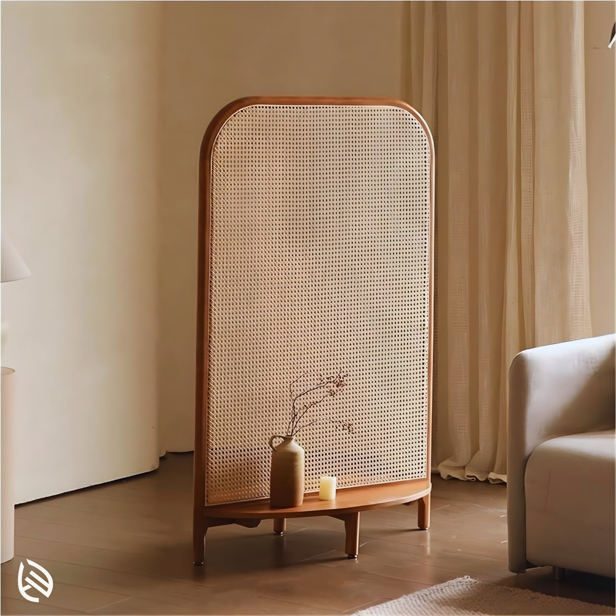 Cane room divider in warm living room, small display ledge at base