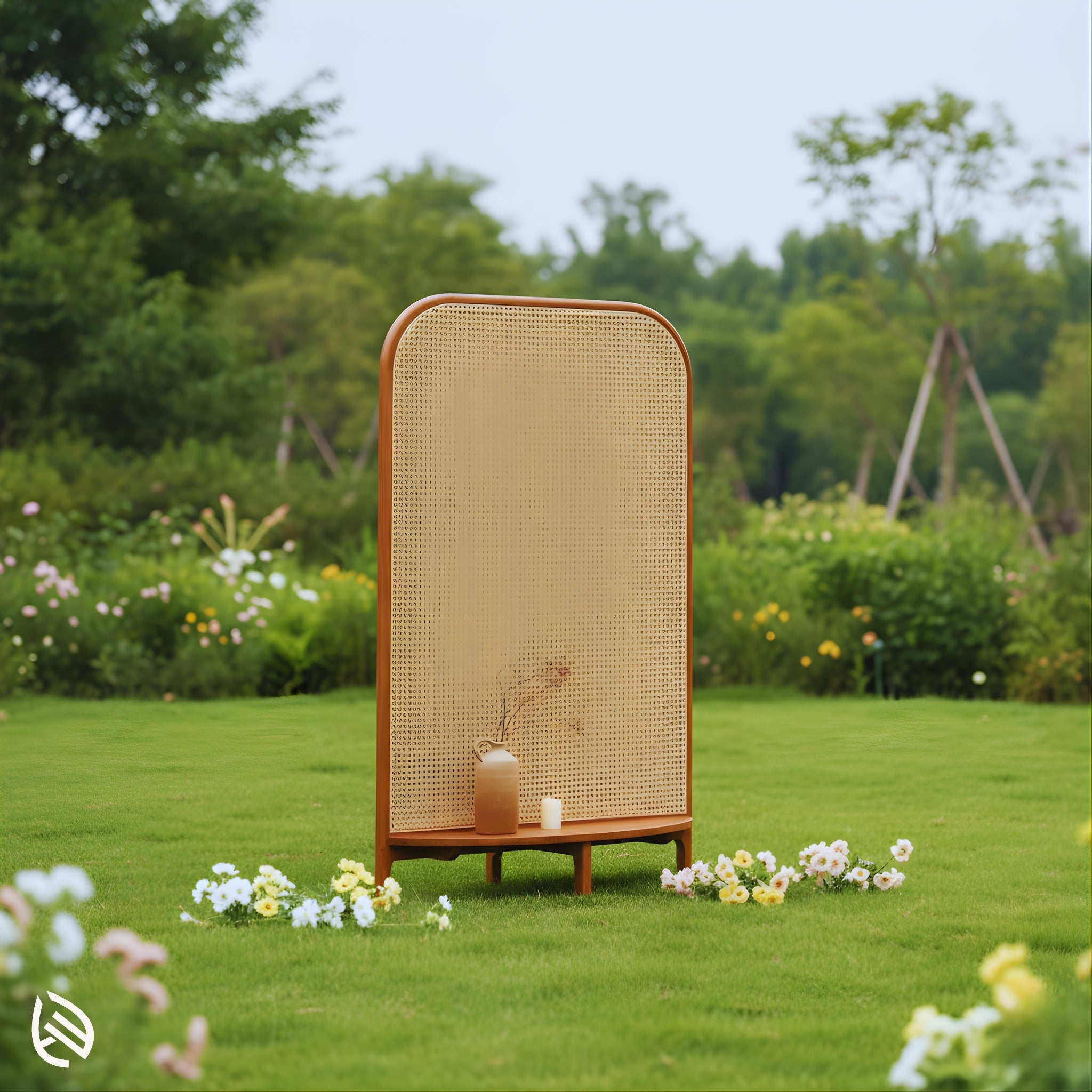 Freestanding rattan privacy screen outdoors on lawn with vase and candle