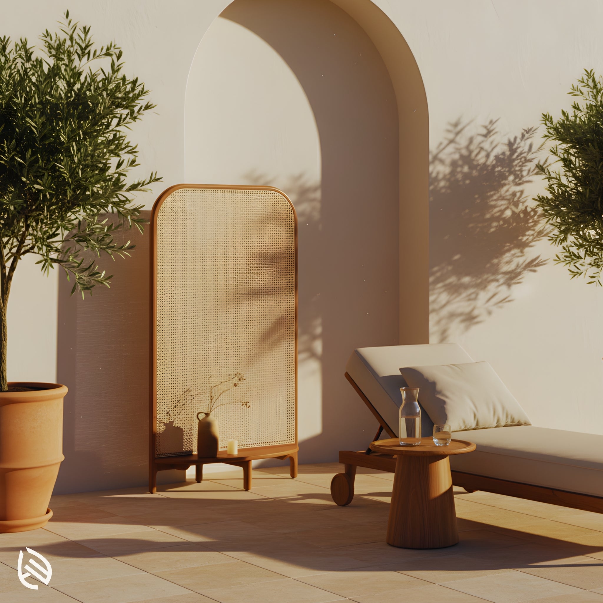 Balcony corner with Boho Breeze cane divider beside lounger, India