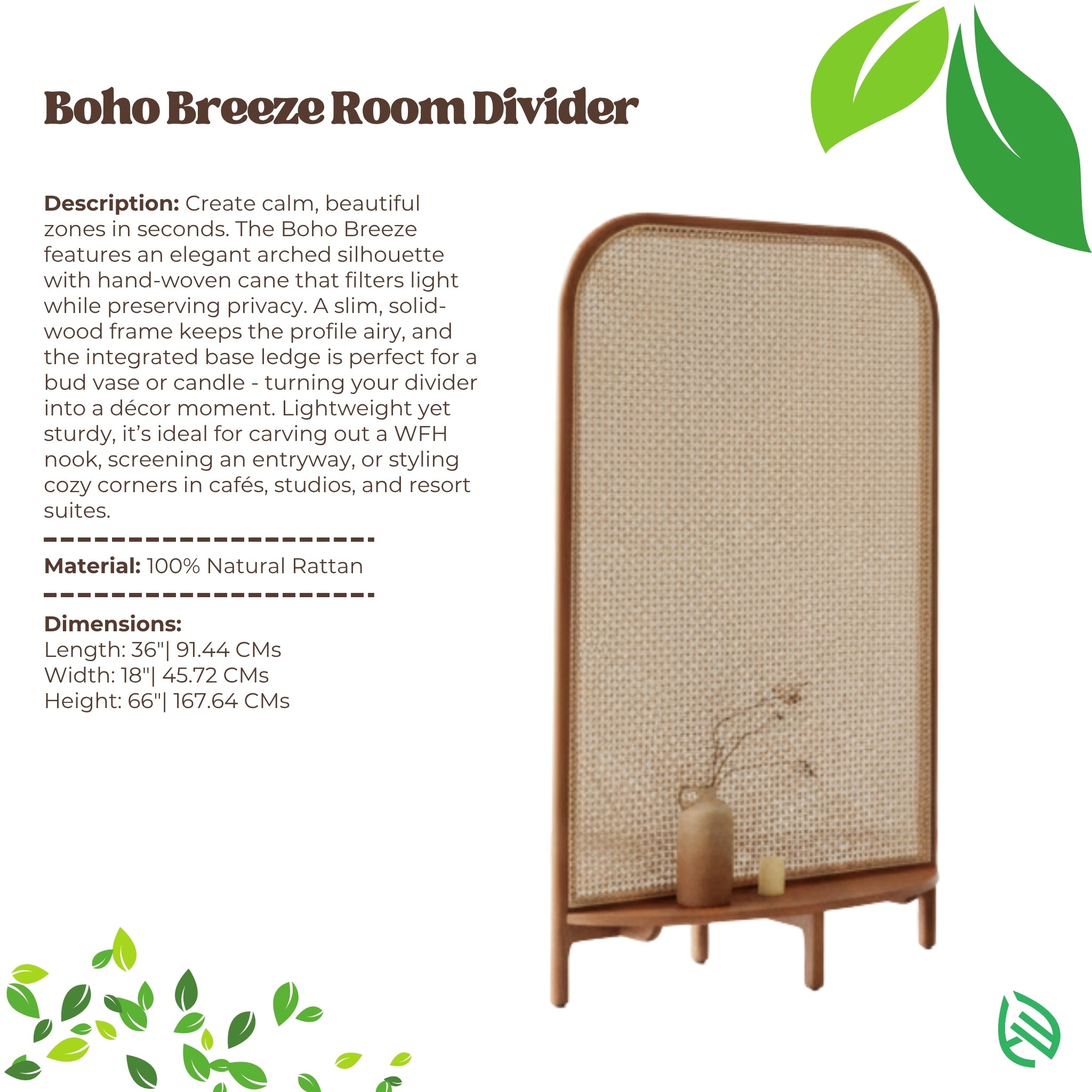 Boho Breeze spec sheet with material details and overview