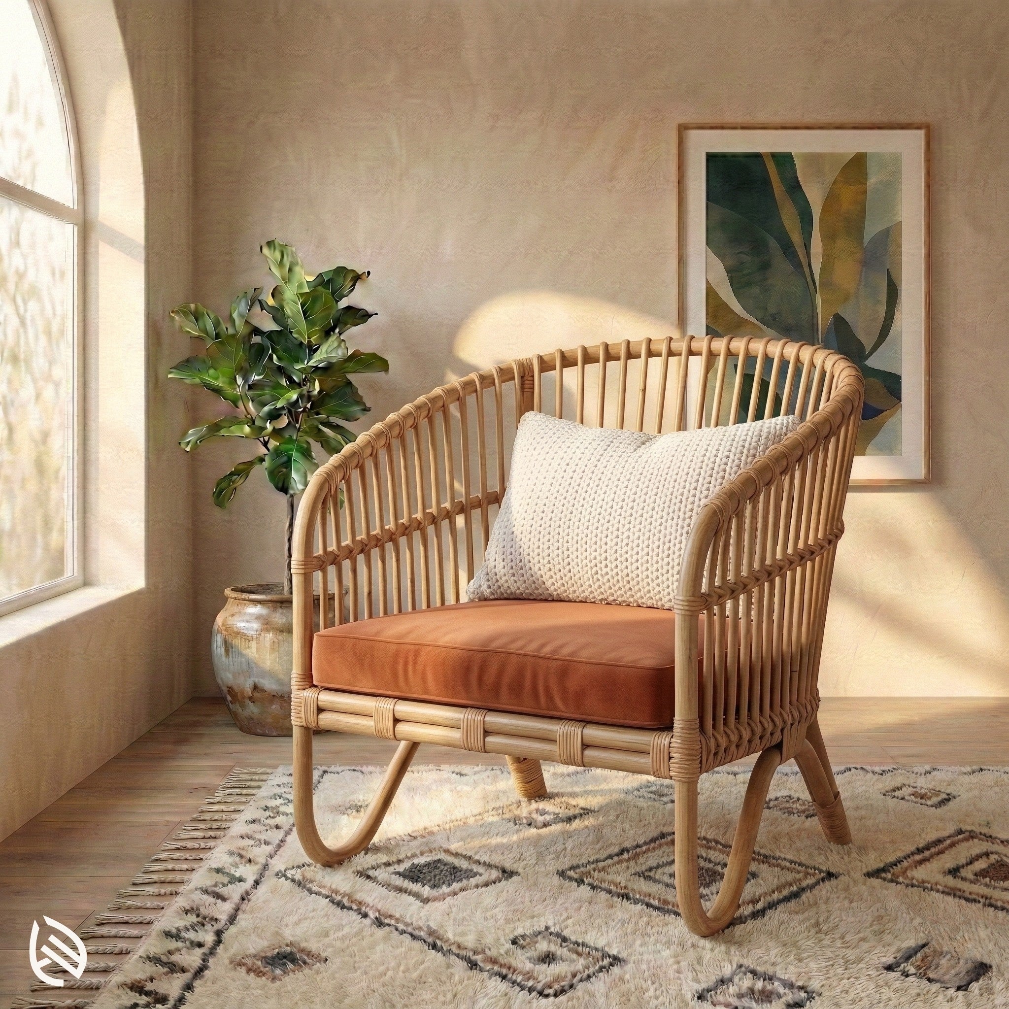 Wicker chair with orange cushion and white pillow in a room with a plant and framed artwork.