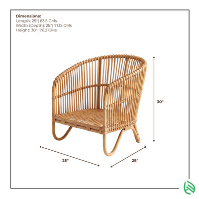 Wicker chair with dimensions labeled on a white background