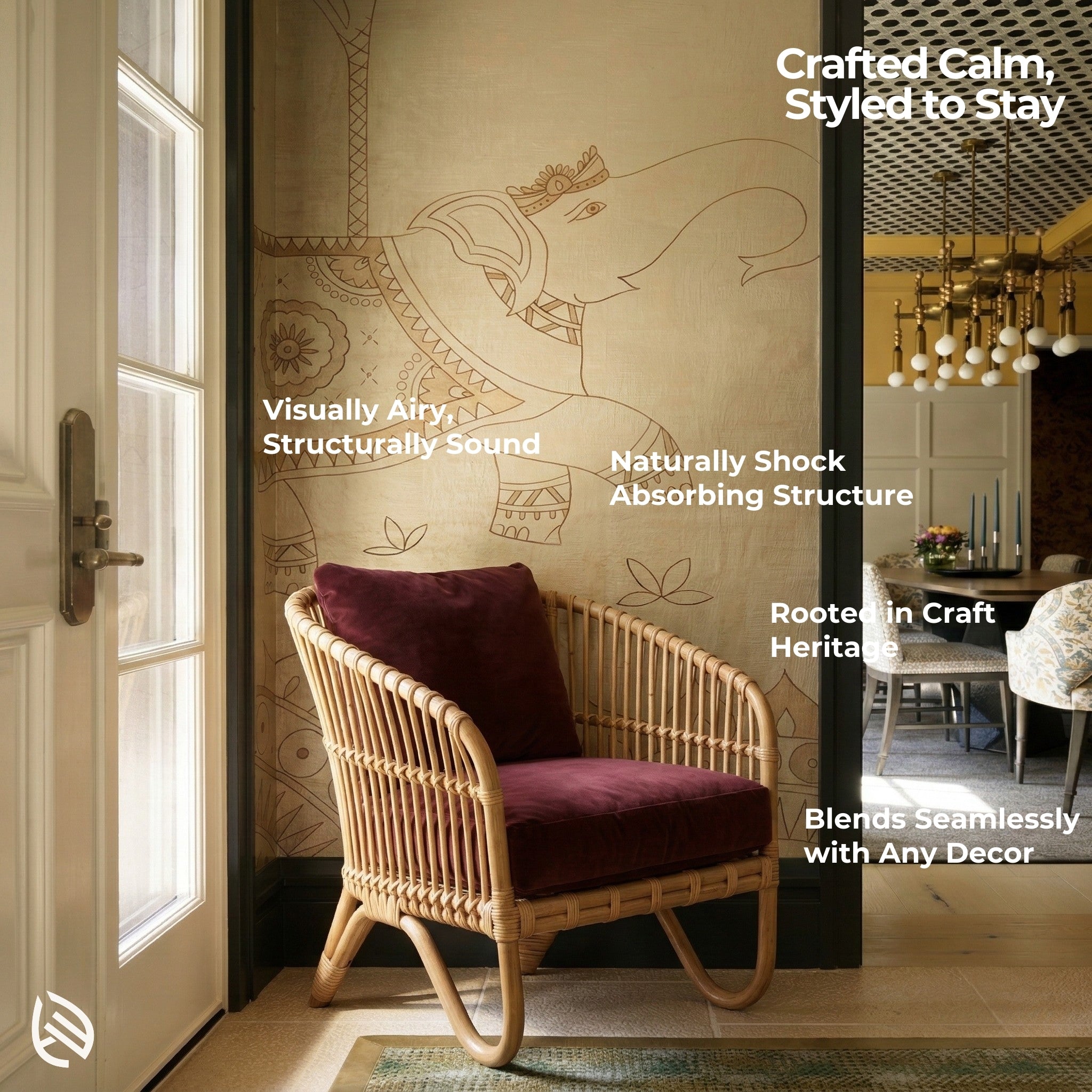 Wicker chair with purple cushion in a room with decorative wall and open door.