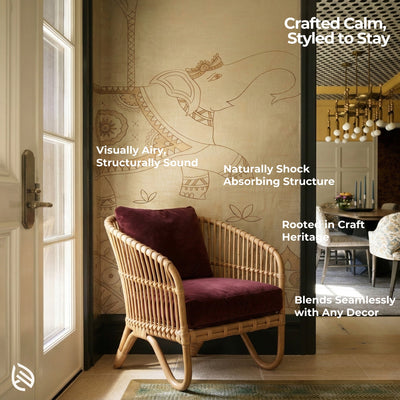 Wicker chair with purple cushion in a room with decorative wall and open door.