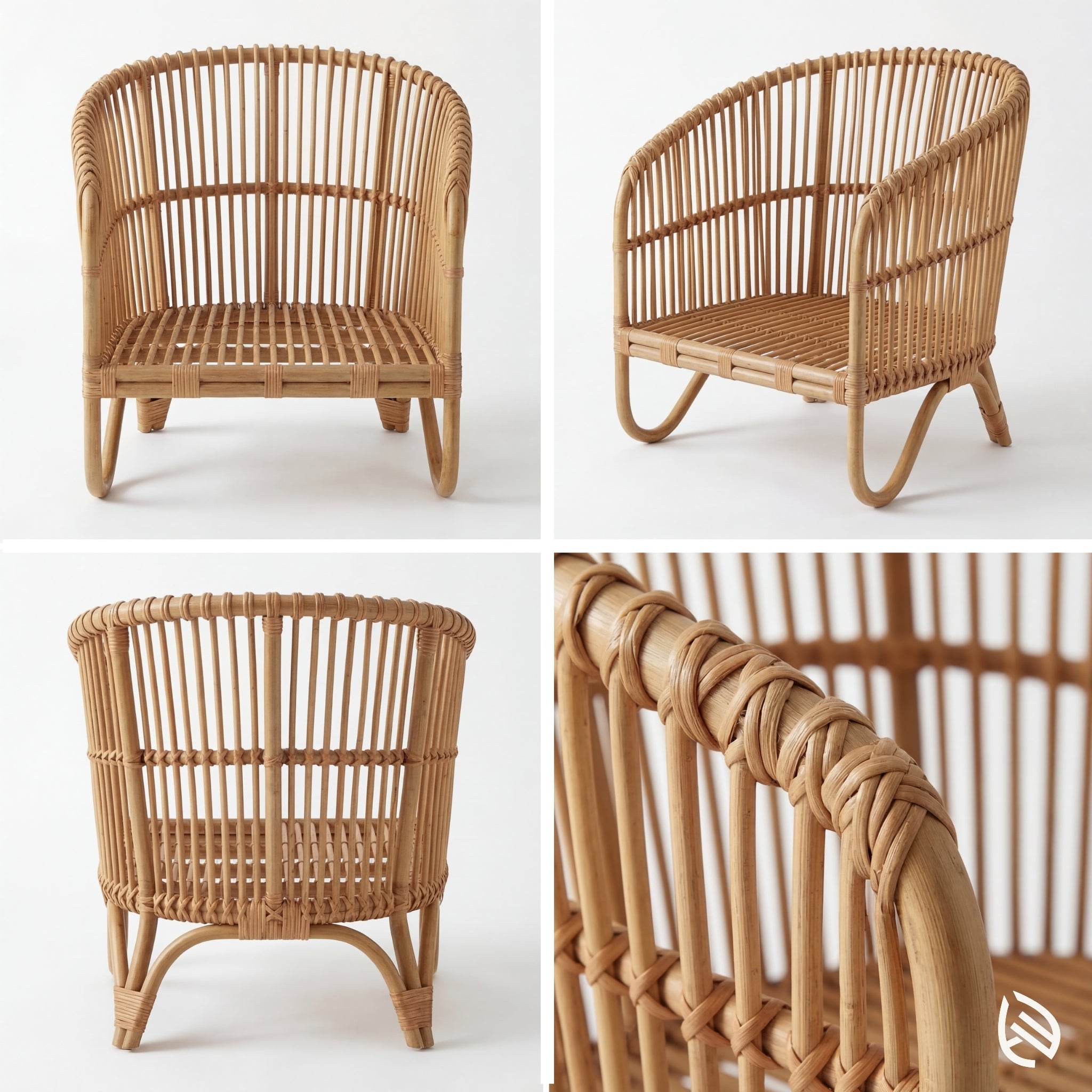 Wicker chair shown from multiple angles on a white background