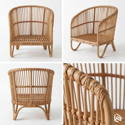 Wicker chair shown from multiple angles on a white background