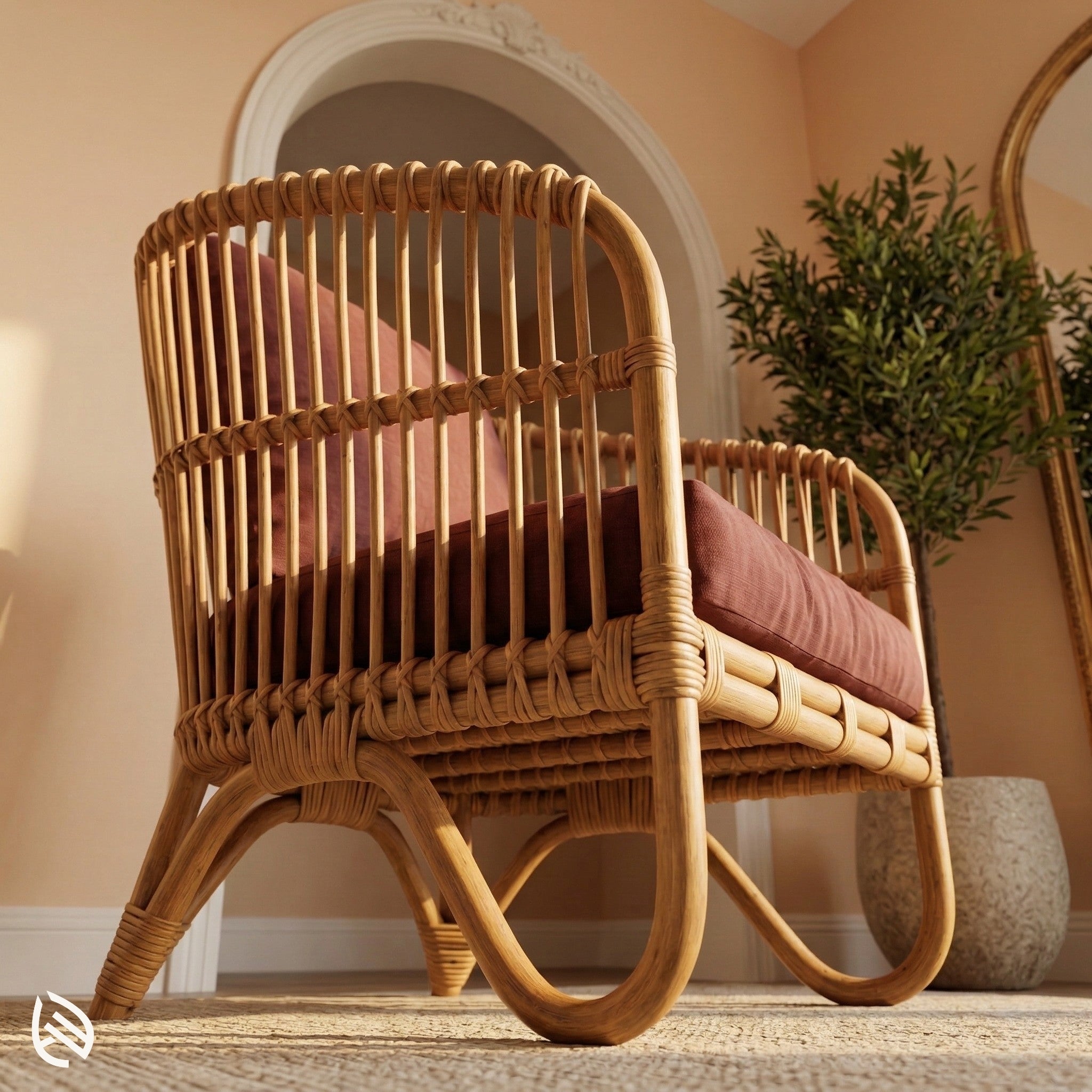 Wicker chair with pink cushions in a room with a plant and mirror.