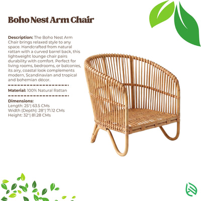 Boho Nest Arm Chair with product description and dimensions on a white background