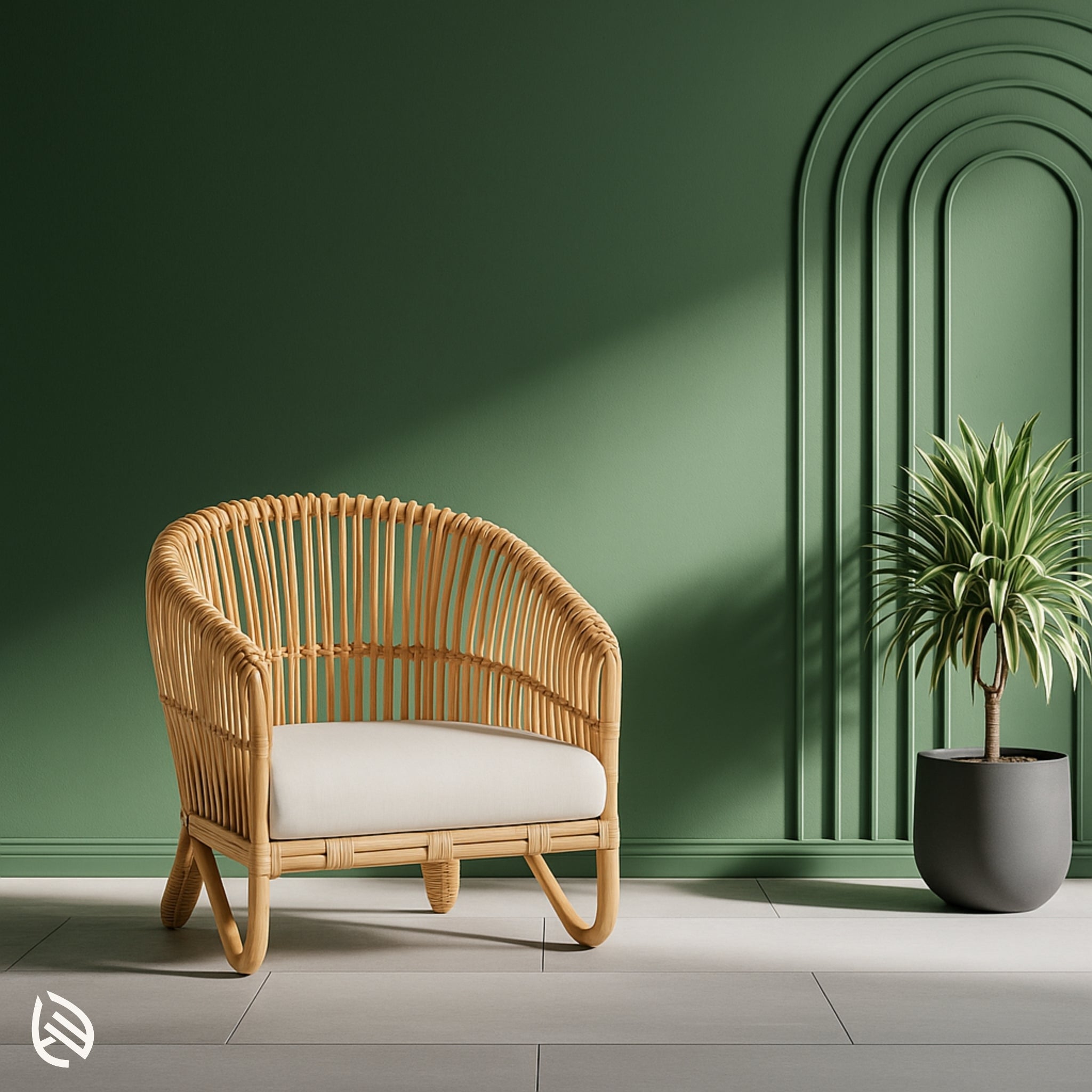Boho Nest rattan arm chair with barrel back and white cushion in green living room