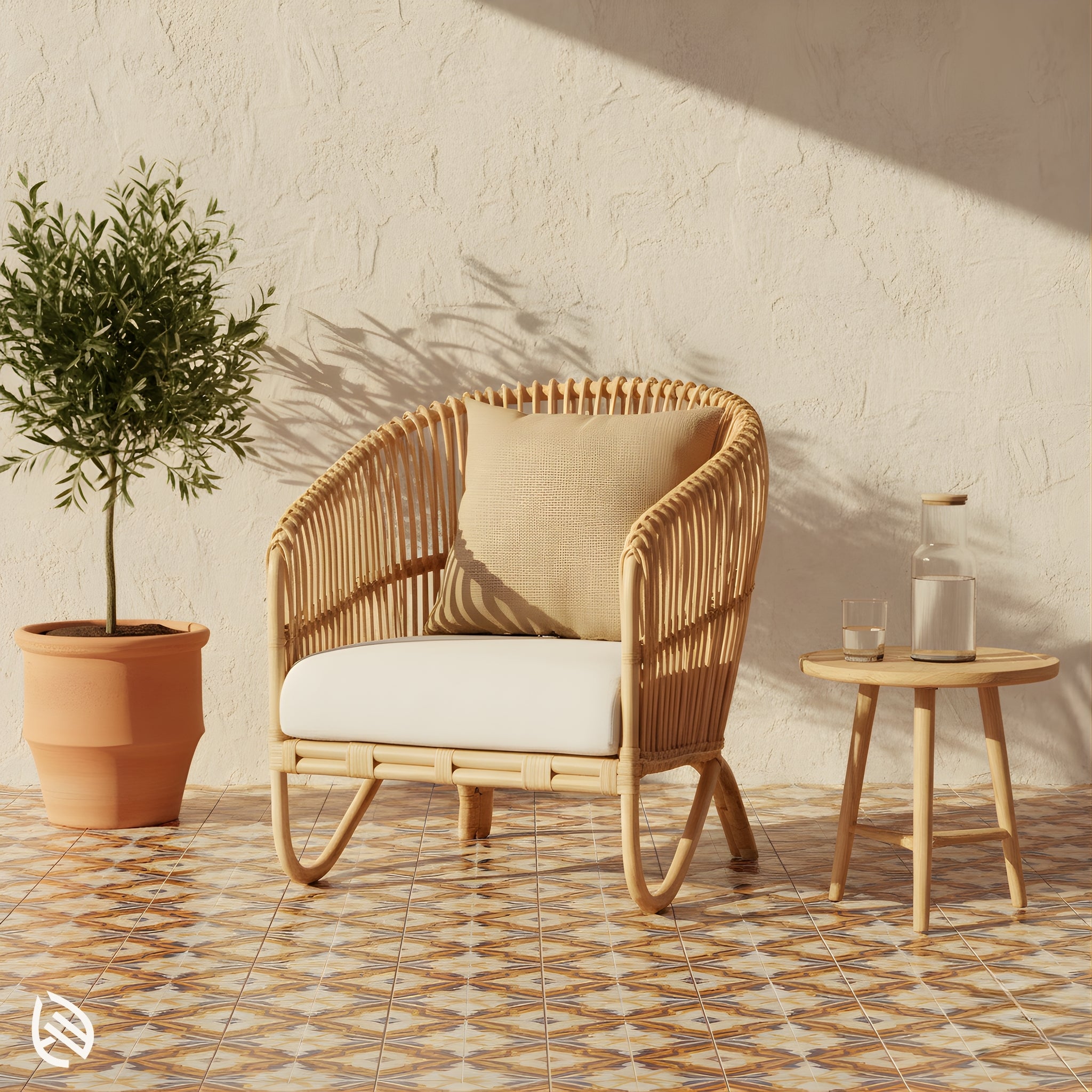 Natural rattan barrel-back cane chair on tiled patio with side table