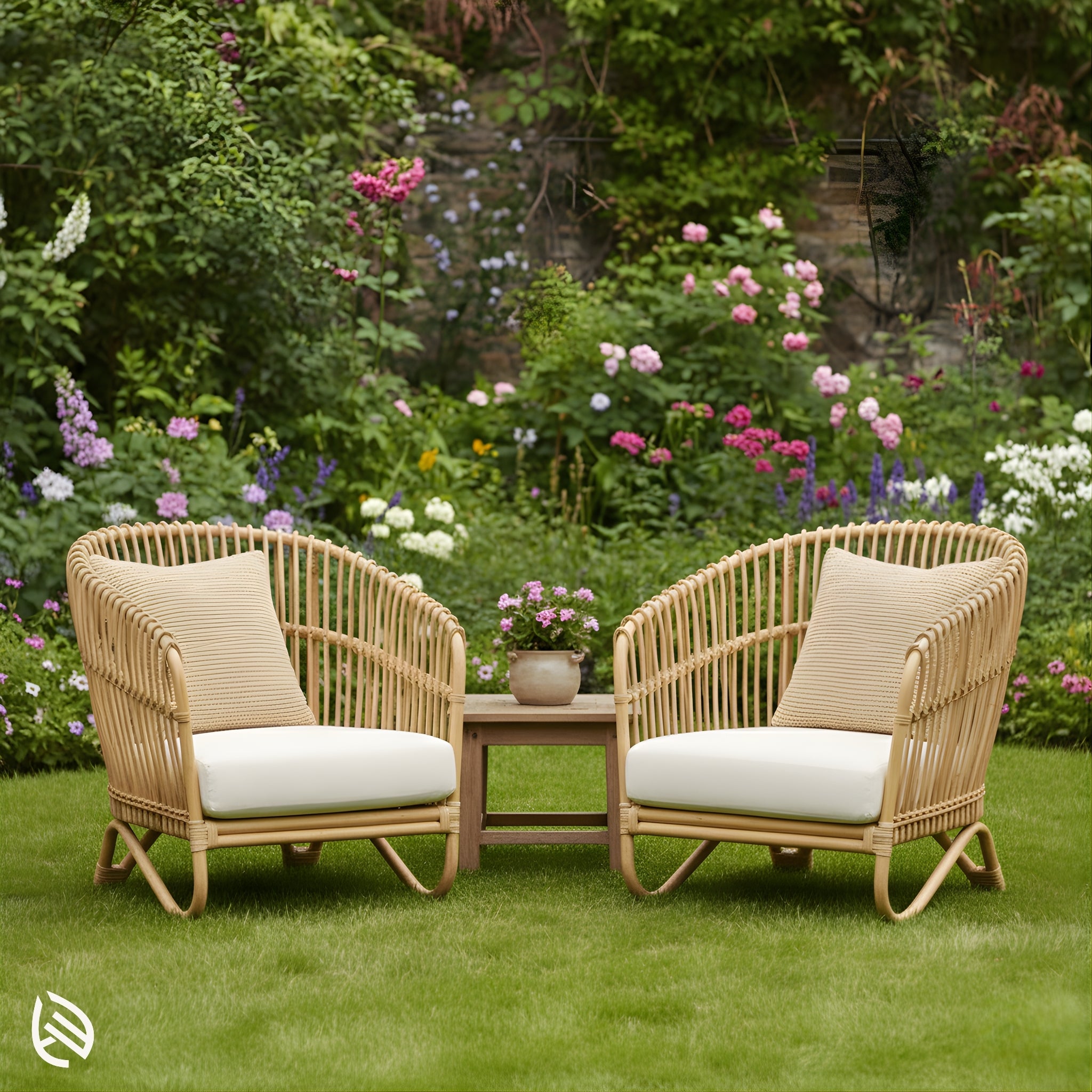 Pair of Boho Nest rattan lounge chairs outdoors with garden backdrop