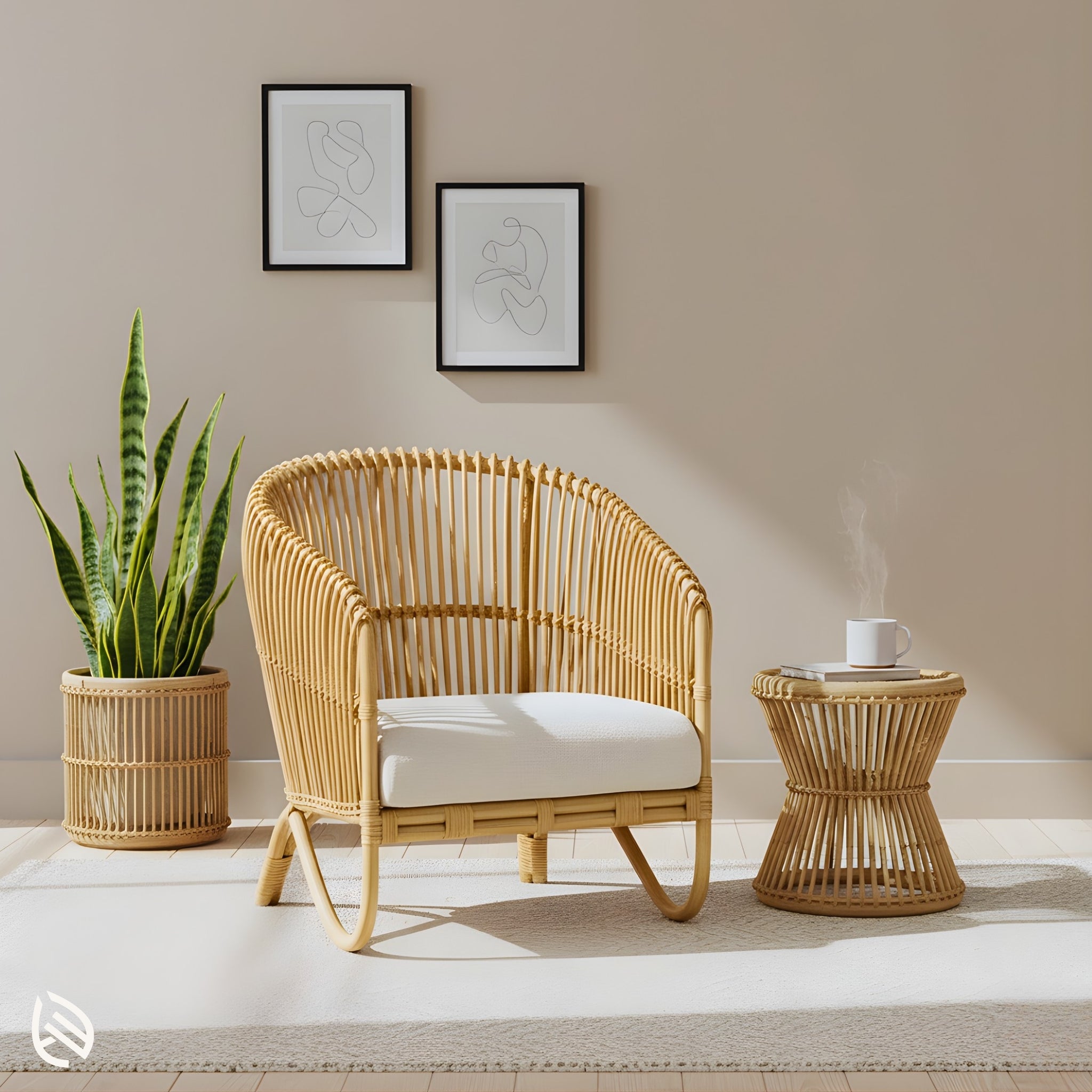 Rattan accent chair styled indoors with planter and side table
