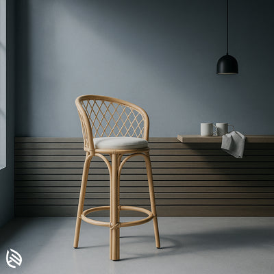 Handcrafted natural rattan bar stool with diamond weave backrest and cushioned seat, perfect for modern kitchen counters