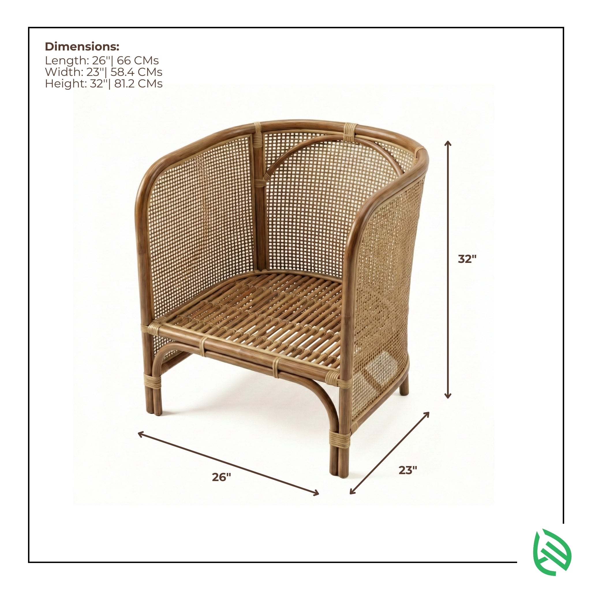 Wicker chair with dimensions labeled on a white background