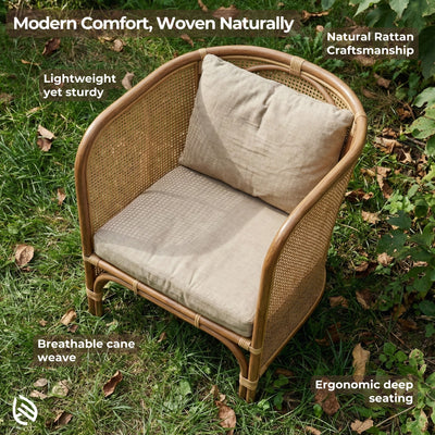 Woven chair with cushions on grass, highlighting natural rattan craftsmanship.