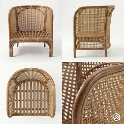 Wicker chair shown from multiple angles on a white background