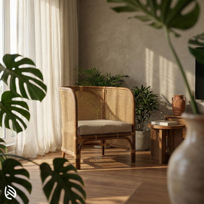 Cozy living room with wicker chair, plants, and wooden coffee table.