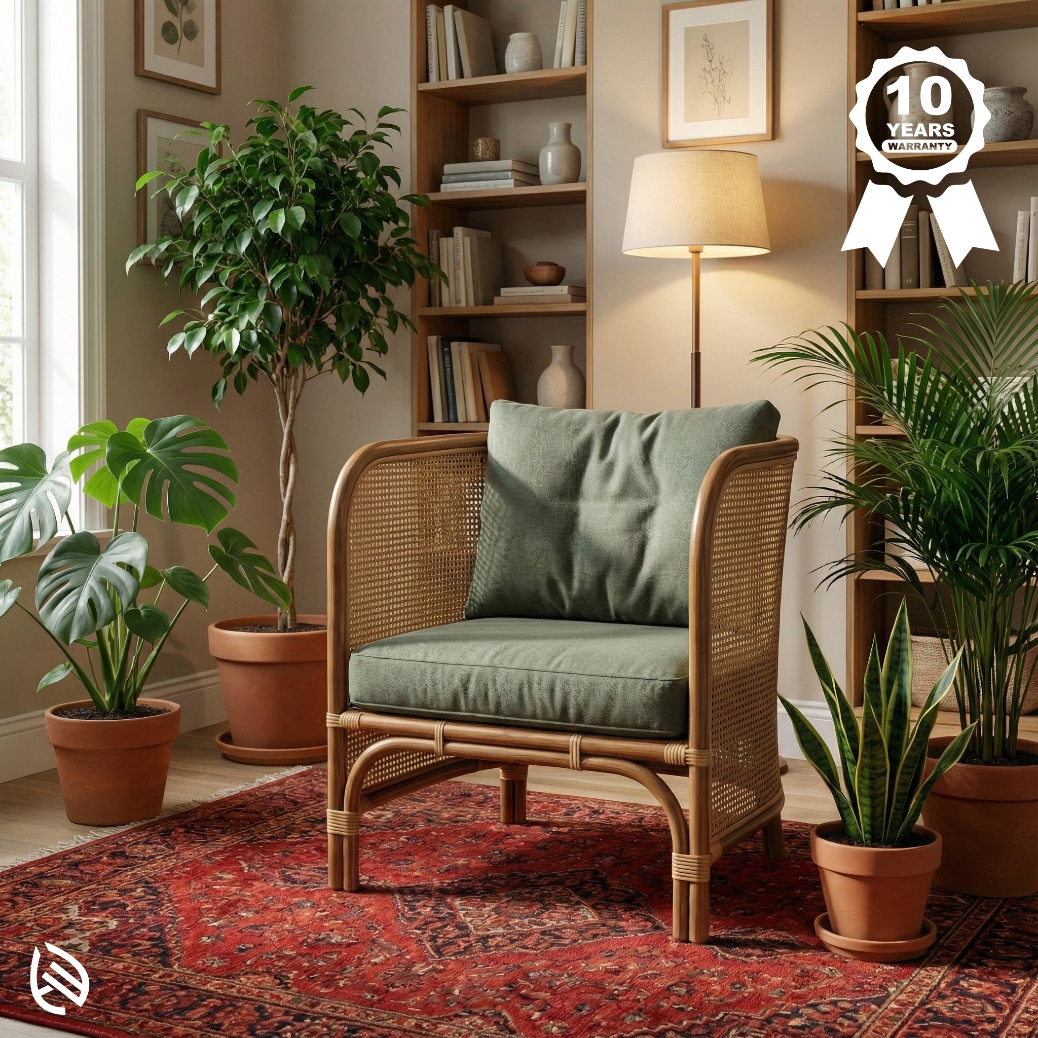 Cozy living room with a wicker chair, green cushion, and potted plants.