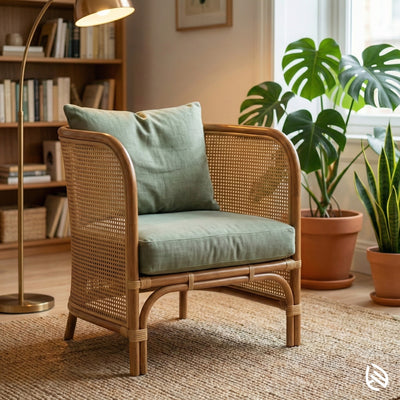 Wicker armchair with green cushion in a cozy living room setting