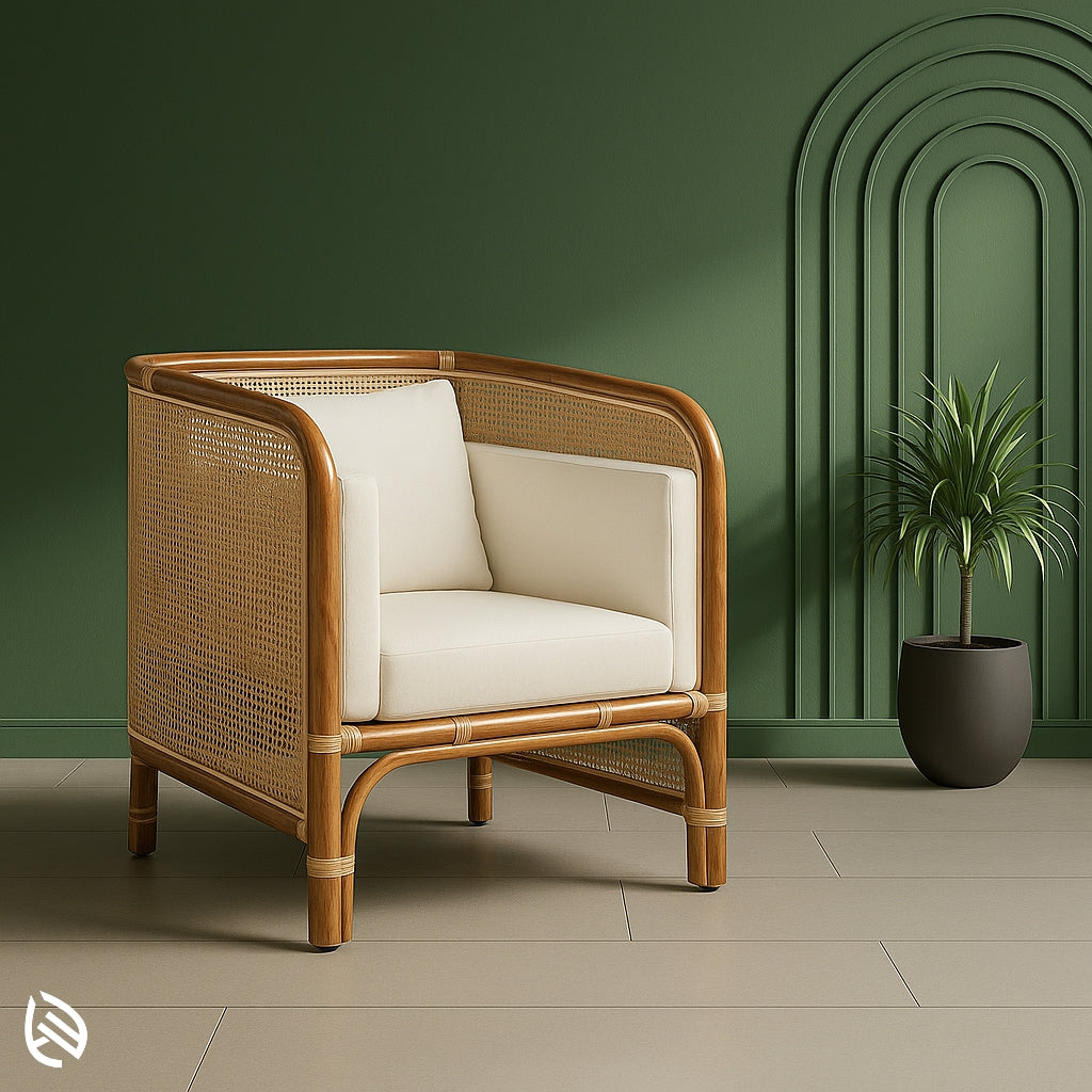 Natural rattan cane lounge chair with beige cushions, perfect for eco-luxury living rooms