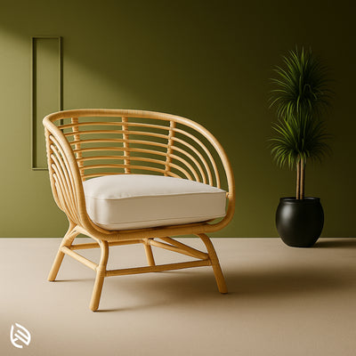 Cafe Canopy rattan café chair with curved canopy back and white cushion in green room