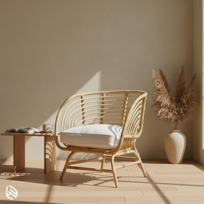 Natural rattan bistro chair by sunny window with vase and side table