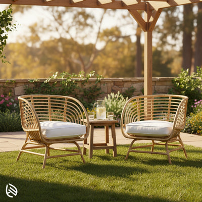 Pair of curved rattan café chairs outdoors under pergola