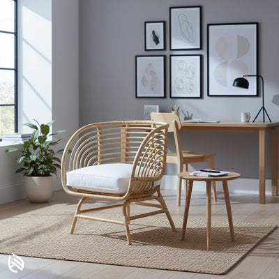 Rattan cafe chair styled in modern home office corner