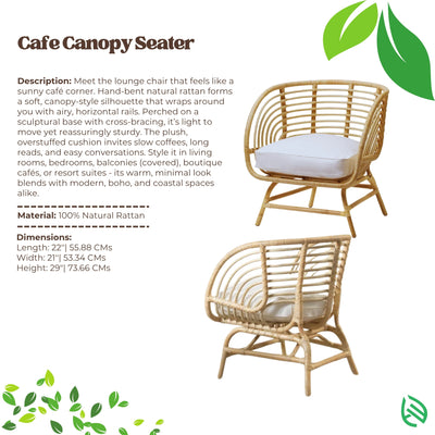 Cafe Canopy Seater with description and specifications on a white background