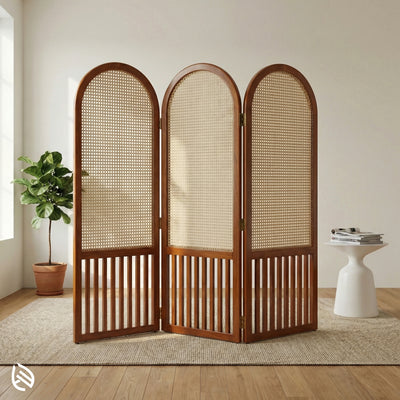Wooden screen with wicker design in a room setting