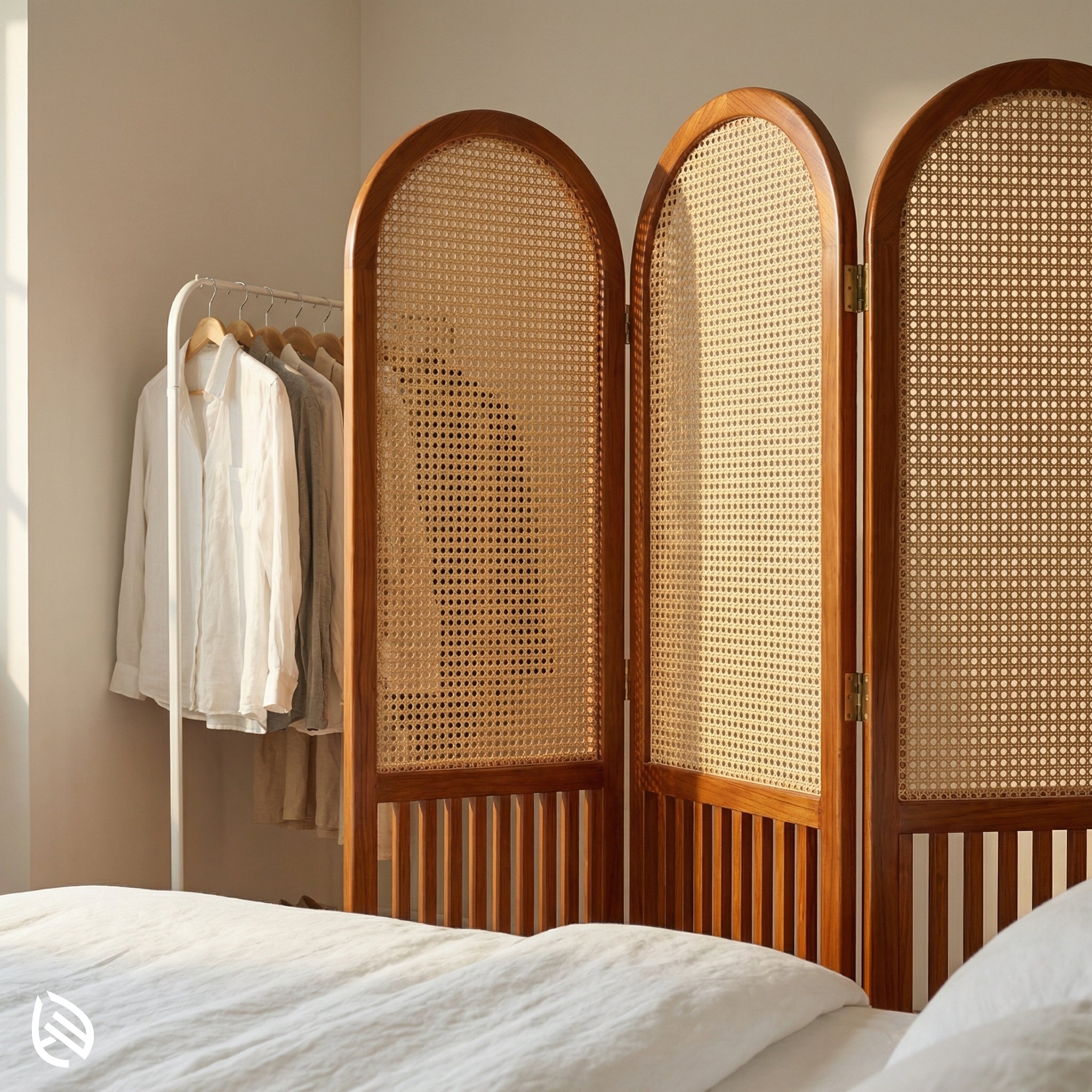 Wooden room divider with wicker panels in a bedroom setting.
