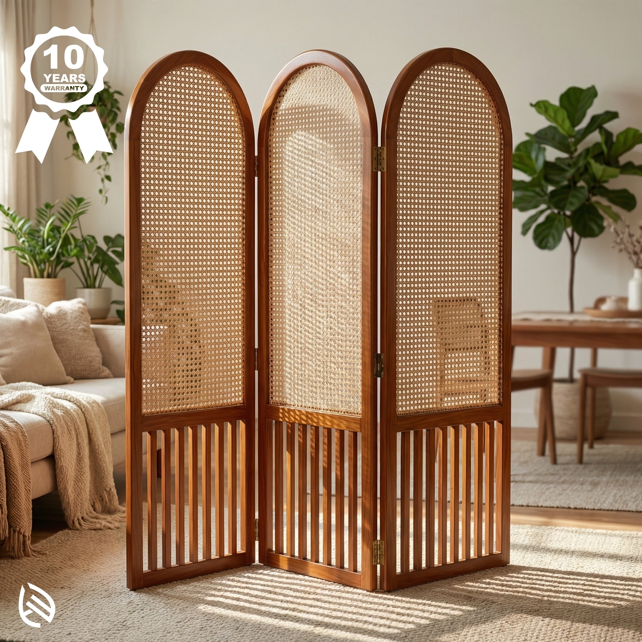 Wooden room divider with woven design in a living room setting