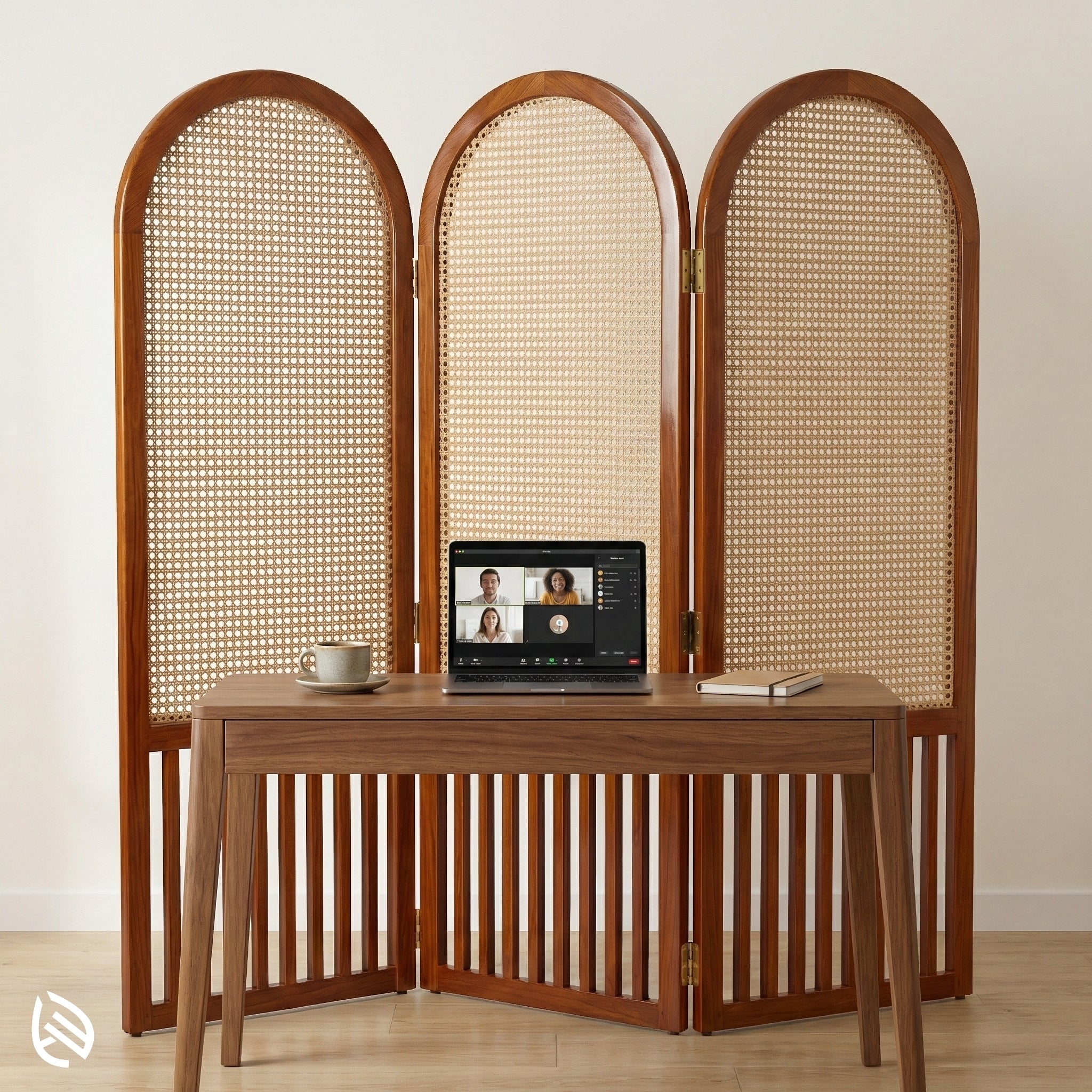 Wooden screen with woven design behind a wooden desk with a laptop.