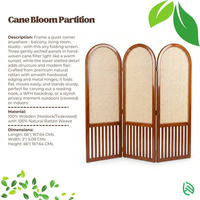 Cane Bloom Partition with description and specifications on a white background