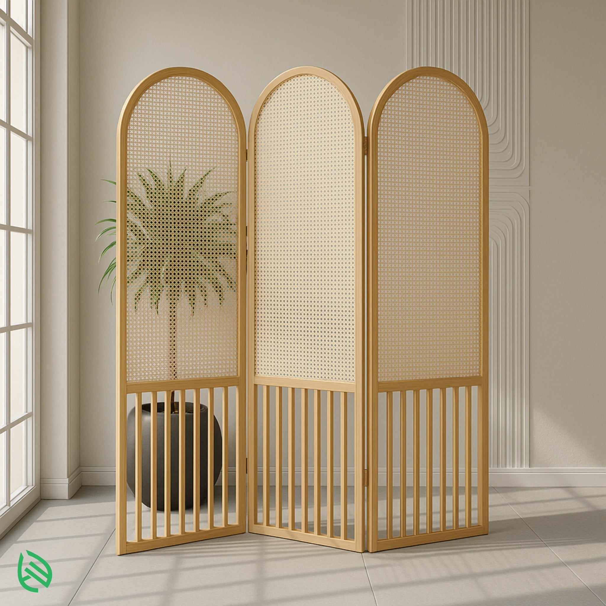 Cane Bloom arched three-panel natural rattan room divider in bright living space