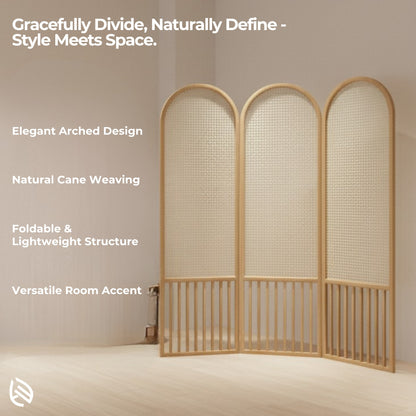 Feature highlights of Cane Bloom natural cane folding screen, arched design