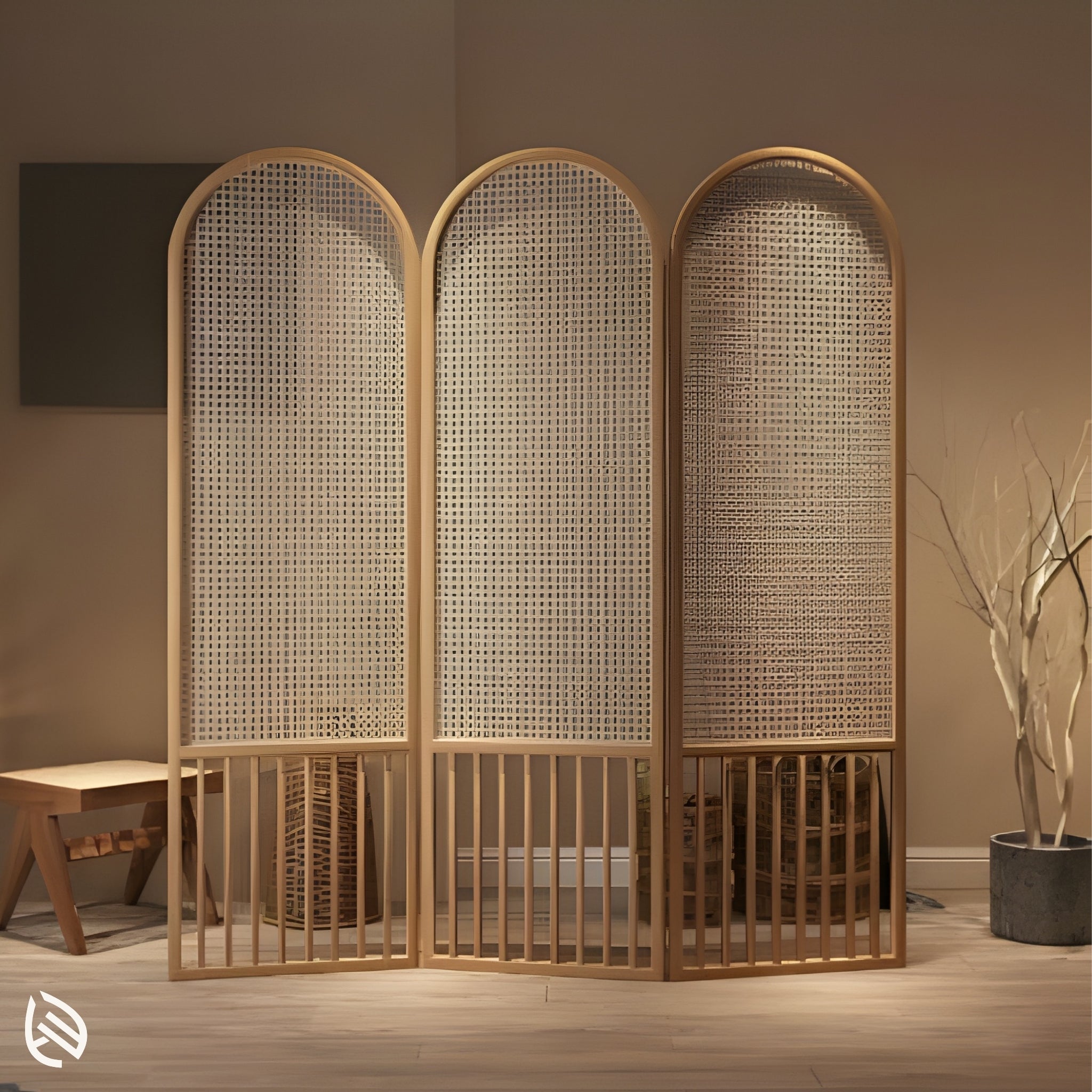 Cane Bloom cane partition with warm ambient lighting, modern interior