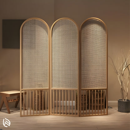 Cane Bloom cane partition with warm ambient lighting, modern interior