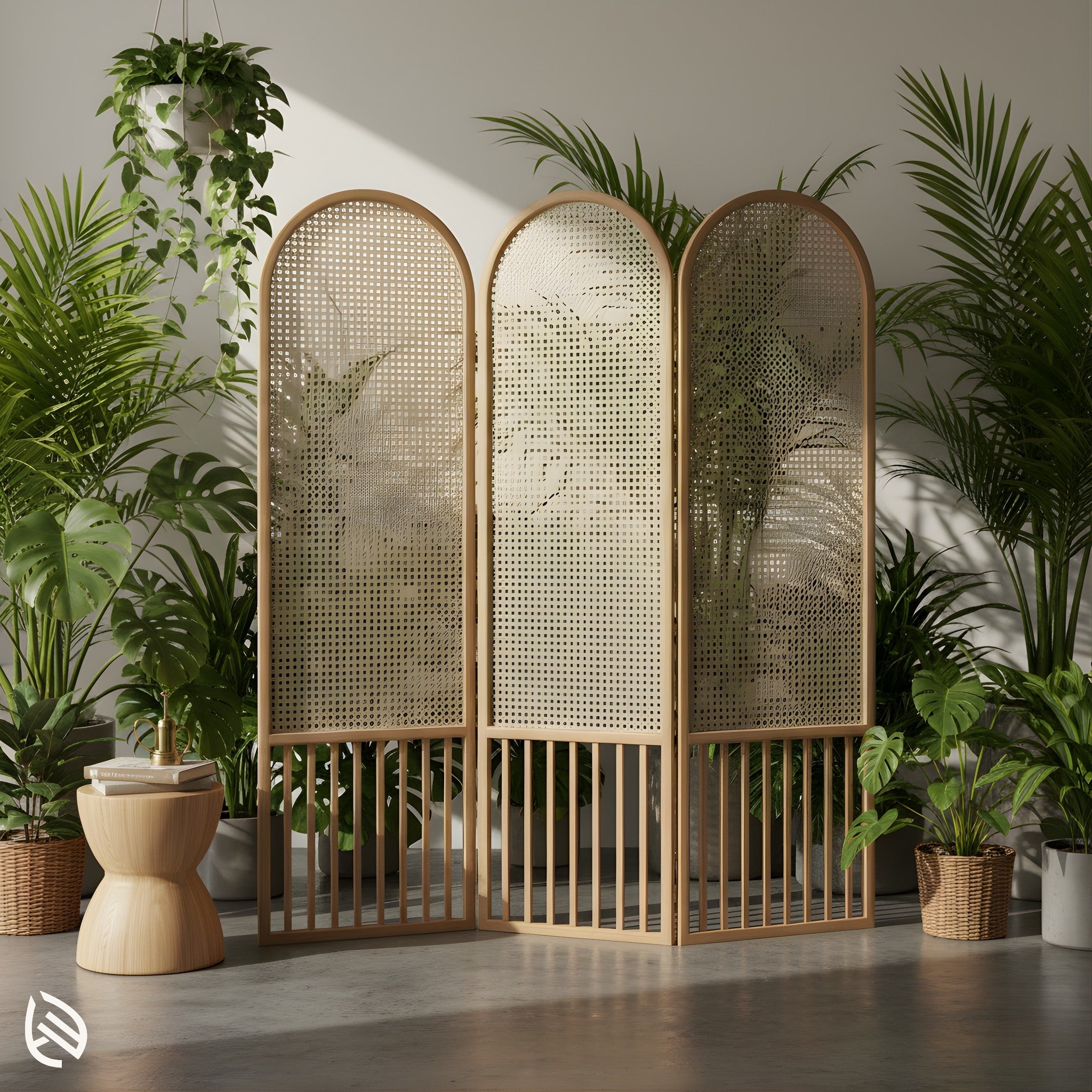Hand-woven rattan screen styled with indoor plants, three-panel divider