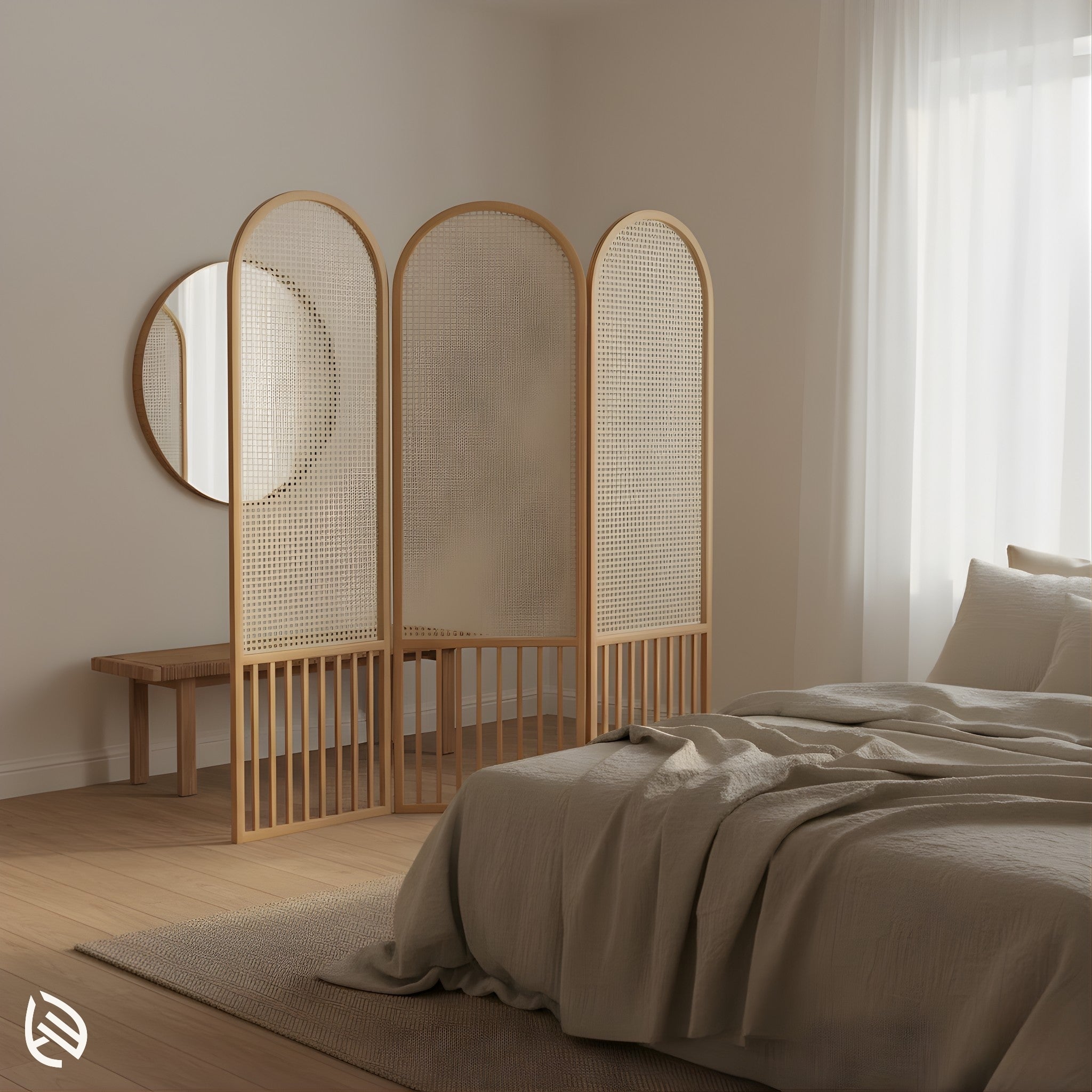 Bedroom setup with Cane Bloom folding cane room divider, neutral décor
