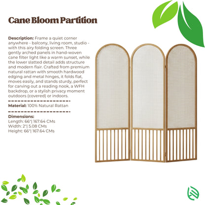Cane Bloom Partition product spec sheet showing material and overview