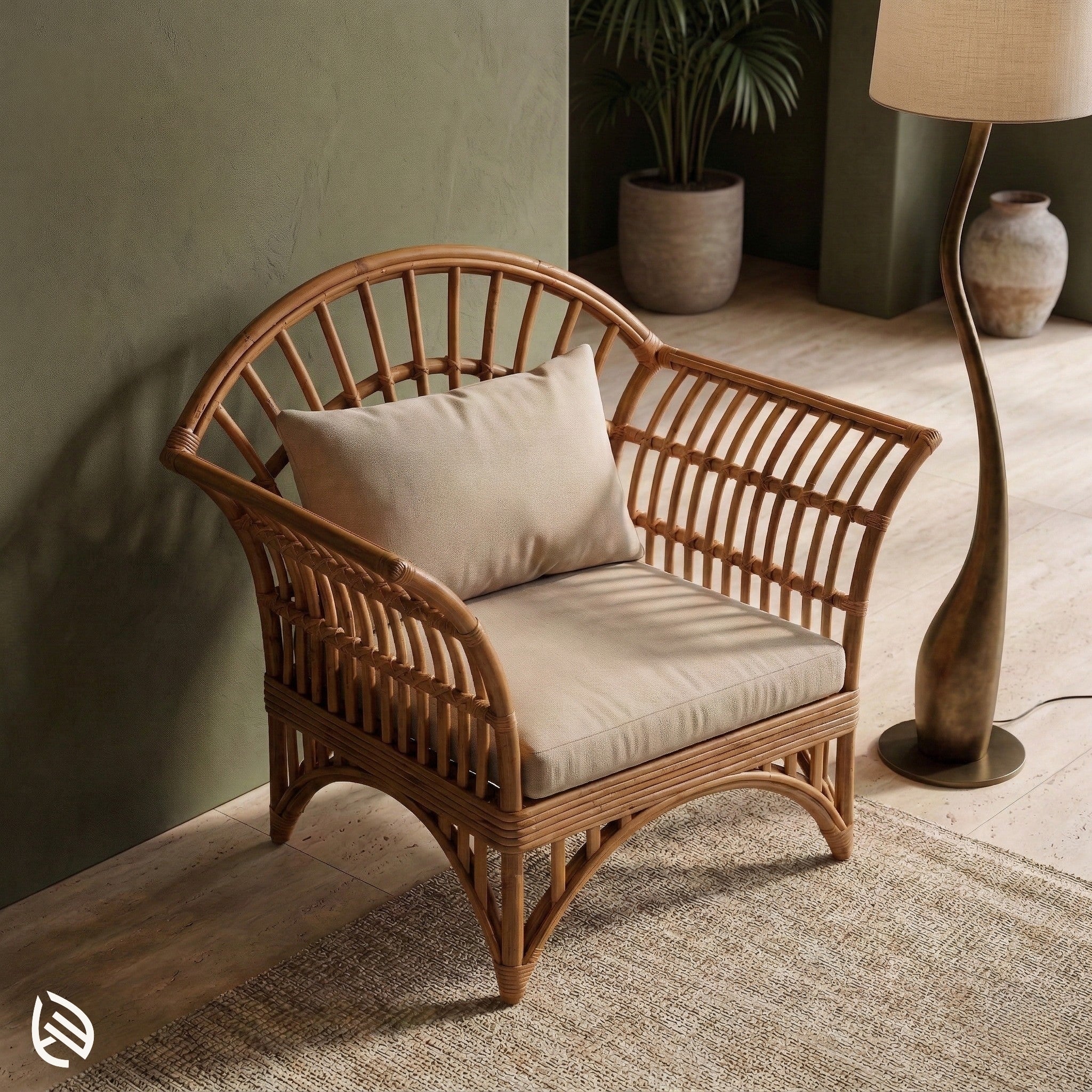 Wicker chair with beige cushion in a room setting with a lamp and plant.
