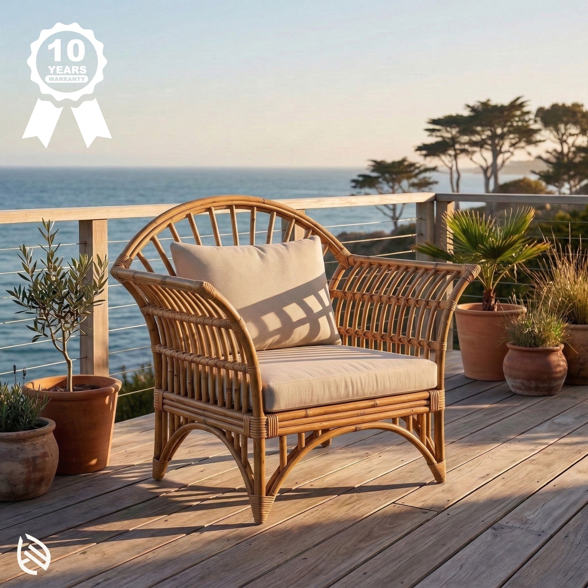Wicker chair with beige cushion on a wooden deck overlooking the ocean.