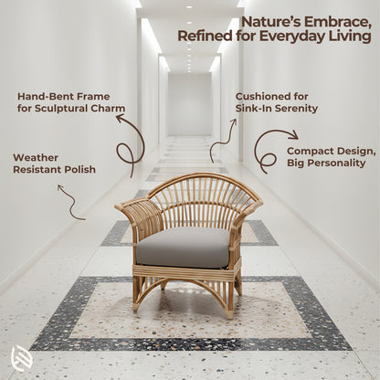 Feature graphic of Casa Cane showing hand-bent frame, weather-resistant polish, compact design